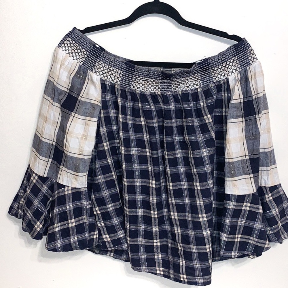 Ann Taylor Loft Plaid Off Shoulder Bell Sleeve Top